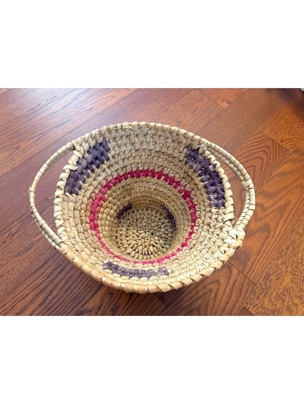 Vintage Handmade Coiled Basket With Handles Light Blue & Pink 14